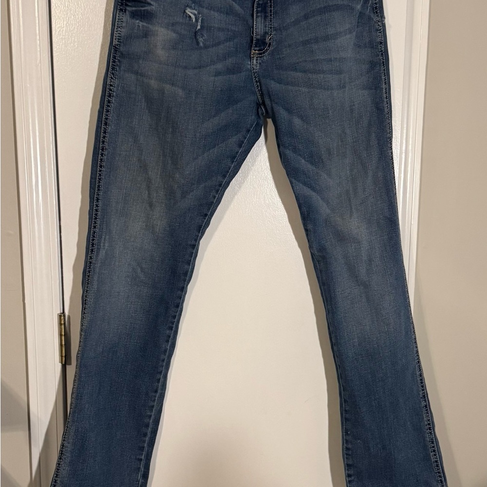 Wrangler Blue Denim Jeans distressed used great boho wester cowboy look festival